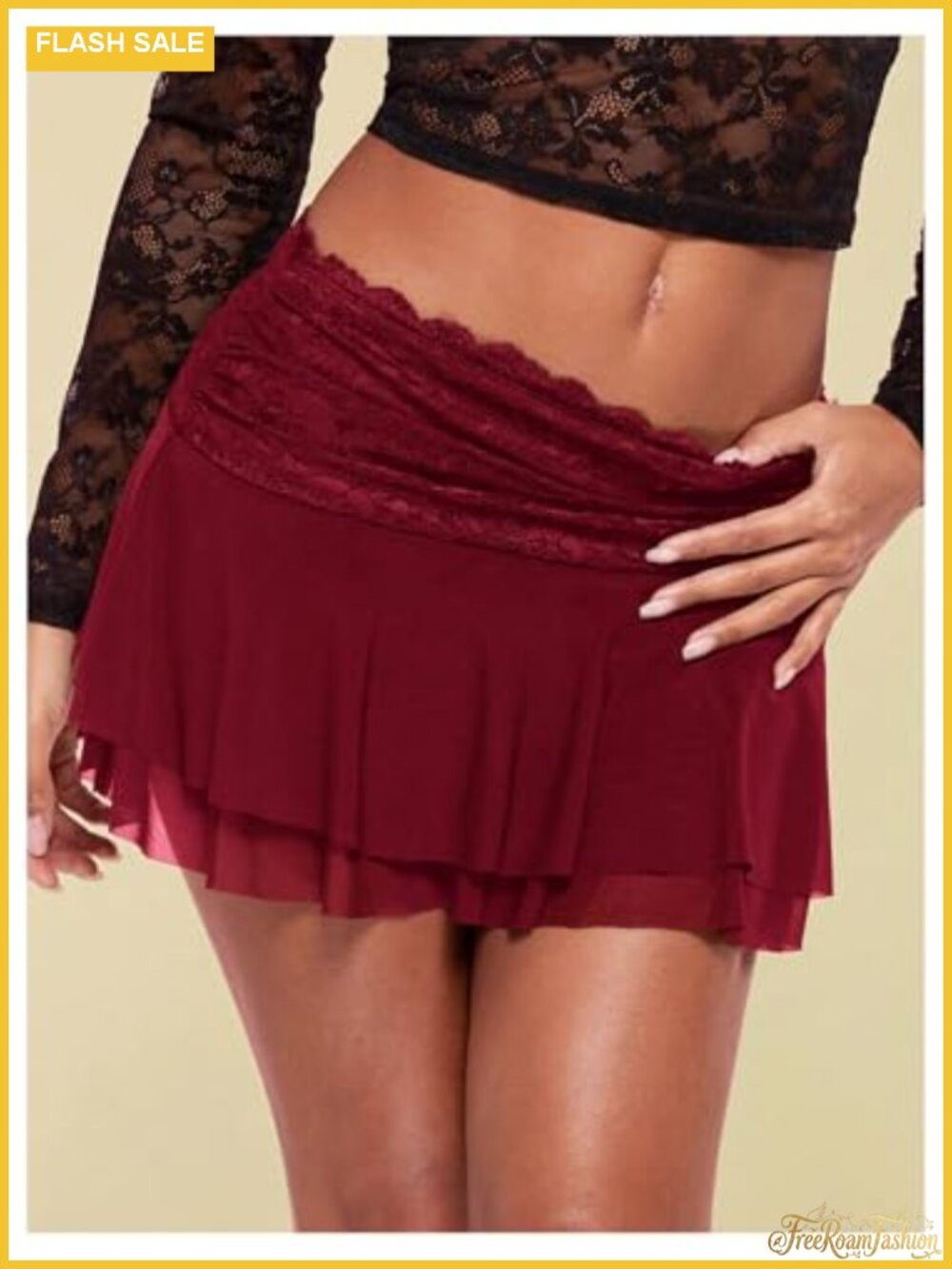 Women's Lace Mesh Y2K Layered Ruched Ruffle Low Waist Mini Skirt Skort - Picture 3 of 4